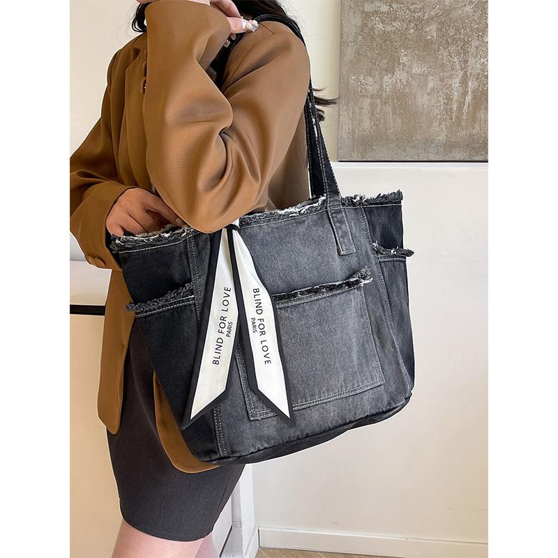 Fashi new large bag Korean style simple fashi versatile denim bow commuter design single shoulder handbag casual bag