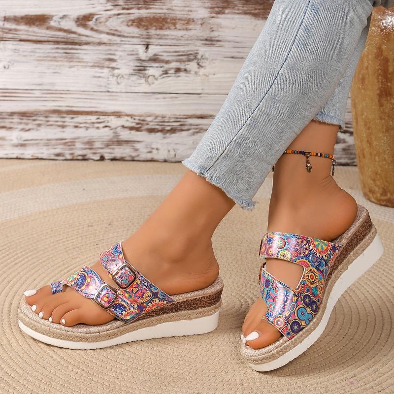 Fashion Summer New Round Head Cover Toe Metal Buckle Print Soft Sole Anti-slip Wear-resistant Flat Slippers Slope Heel Sandals