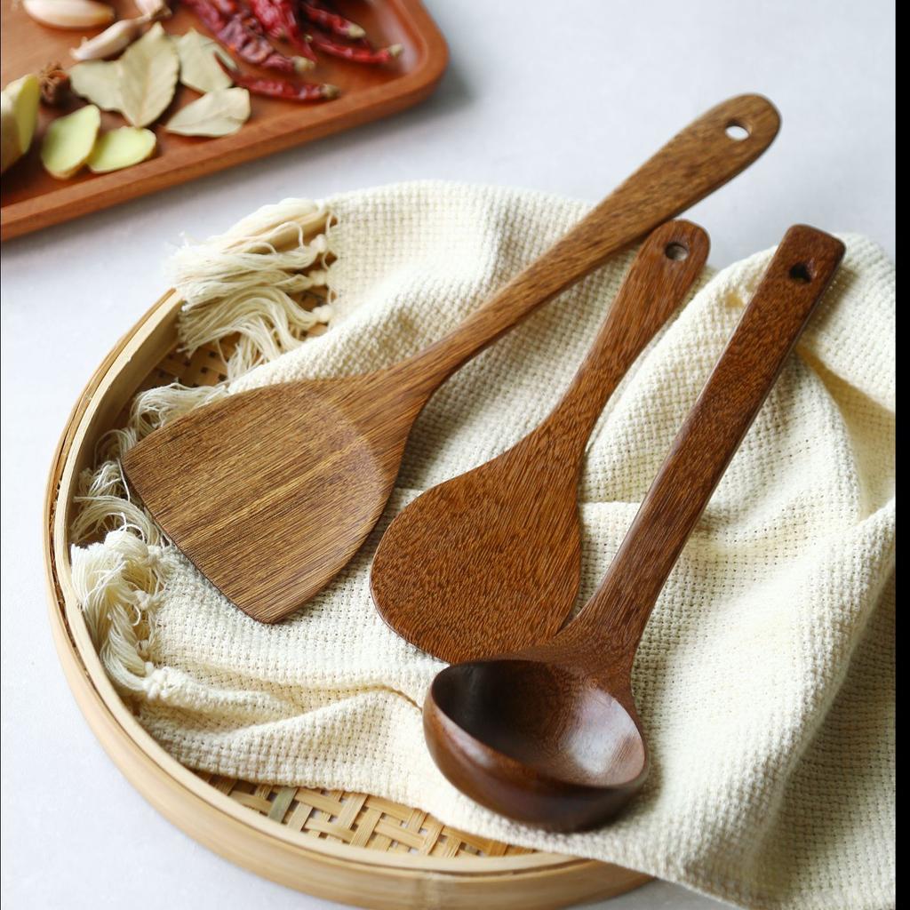 Non-stick pan special chicken wing wood spatula, natural long handle spatula set, spoon kitchen tools