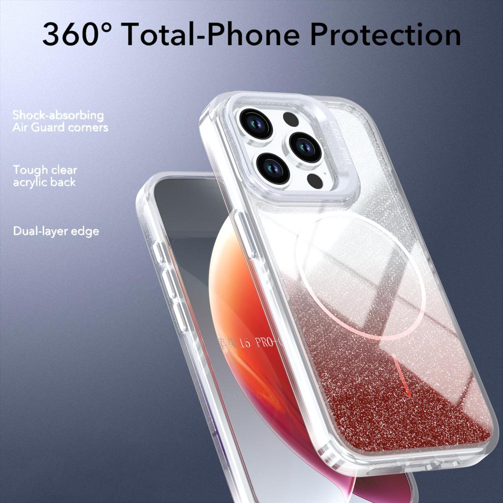 For iPhone 15 Pro Max Magnetic Case Gradient Glitter Shockproof TPU PC Phone Cover Compatible with MagSafe