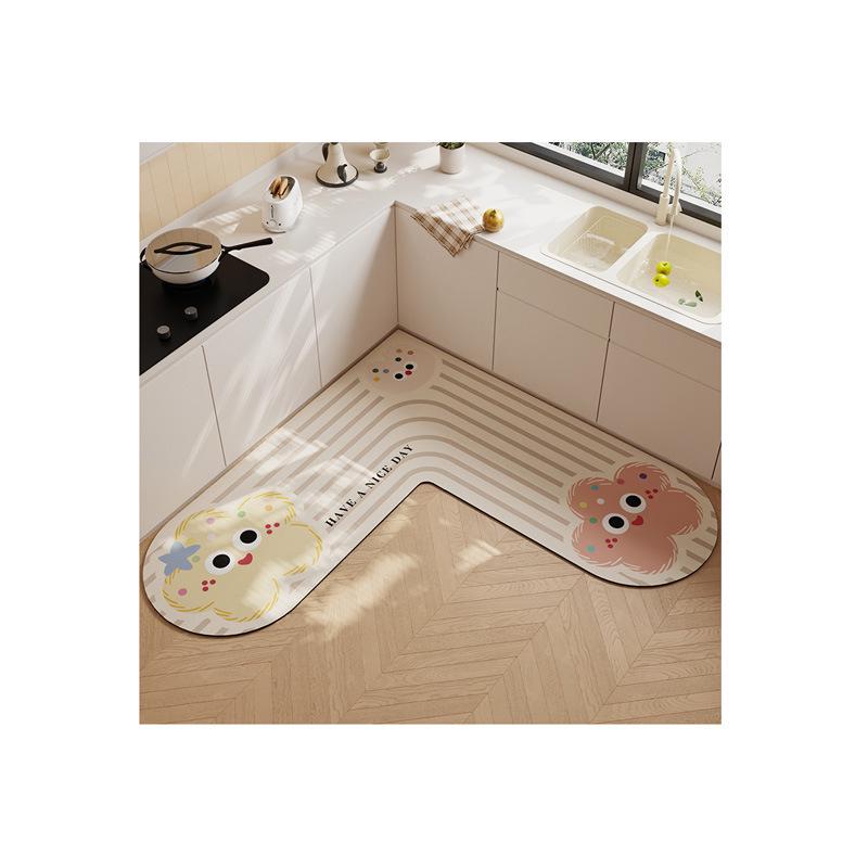 L-Shaped Non-Slip Diatomaceous Kitchen Floor Mat - Cartoon Design, Wear-Resistant, Easy To Clean, Water Absorbent.