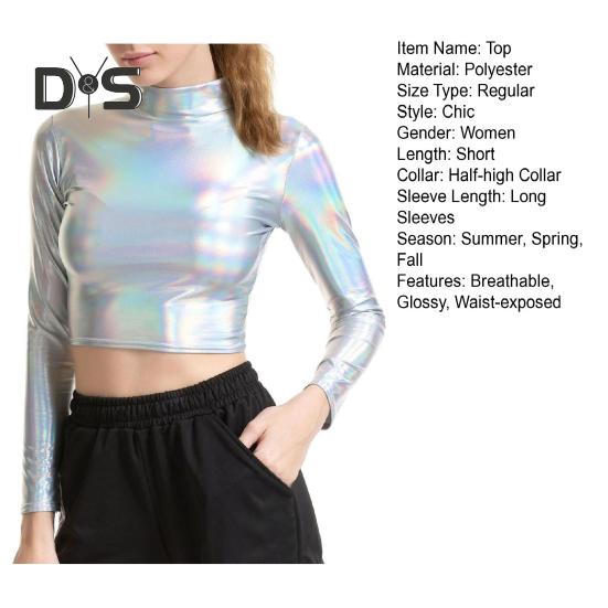 Women Club Top Half High Collar Glossy Surface Skinny Waist Exposed Solid Color Pullover Soft Breathable Lady Pole Dance Performance Party Crop Top