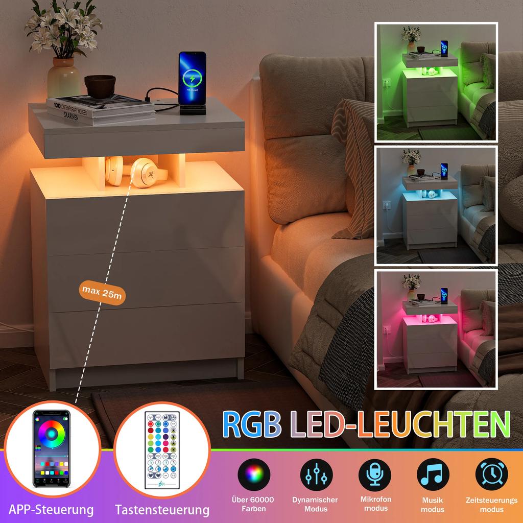 Bedside Nightstand with Narrow Profile Steel Frame and Fabric Drawers with Charging Station and LED Lights Modern Minimalist