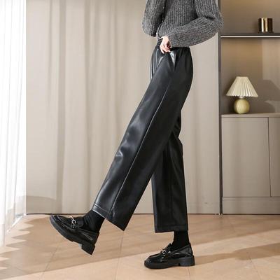 Women's Elastic Waist PU Straight Leg Cropped Pants