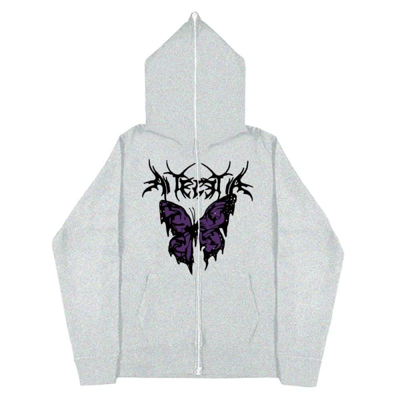 Schmetterlingsdruck-Reißverschlussjacken, Gothic-Stil, Fleece-Hoodies für Damen, Hip-Hop-Streetwear-Cardigan-Mäntel, übergroße lässige Sweatshirts