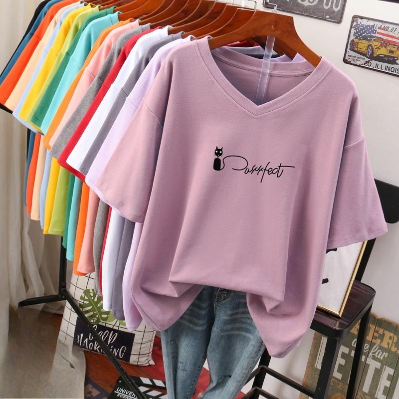 Short-sleeved T-shirt for Women, Large Size, Loose and Slimming, Printed V-neck Top