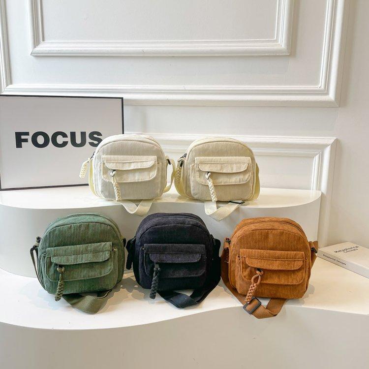 Women Corduroy Crossbody Bag Vintage Shoulder Bag Casual Mini Messenger Bag Lightweight Travel Handbag with Front Pocket Adjustable Strap