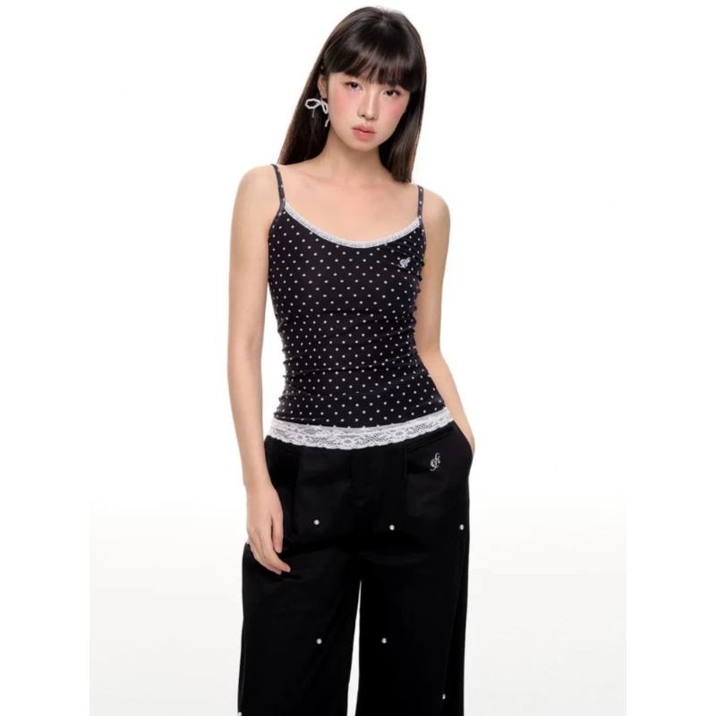 Kawaii Sweet Lace Tanks Women Korean Fashion Y2k Harajuku Streetwear Polka Dot Printing Slim Tees Tops Soft Gril