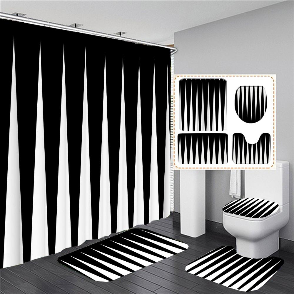 Black White Geometric Stereoscopic Fabric Shower Curtain Bathroom Curtains Set Anti-Skid Rugs Toilet Lid Cover Bath Mat Carpet