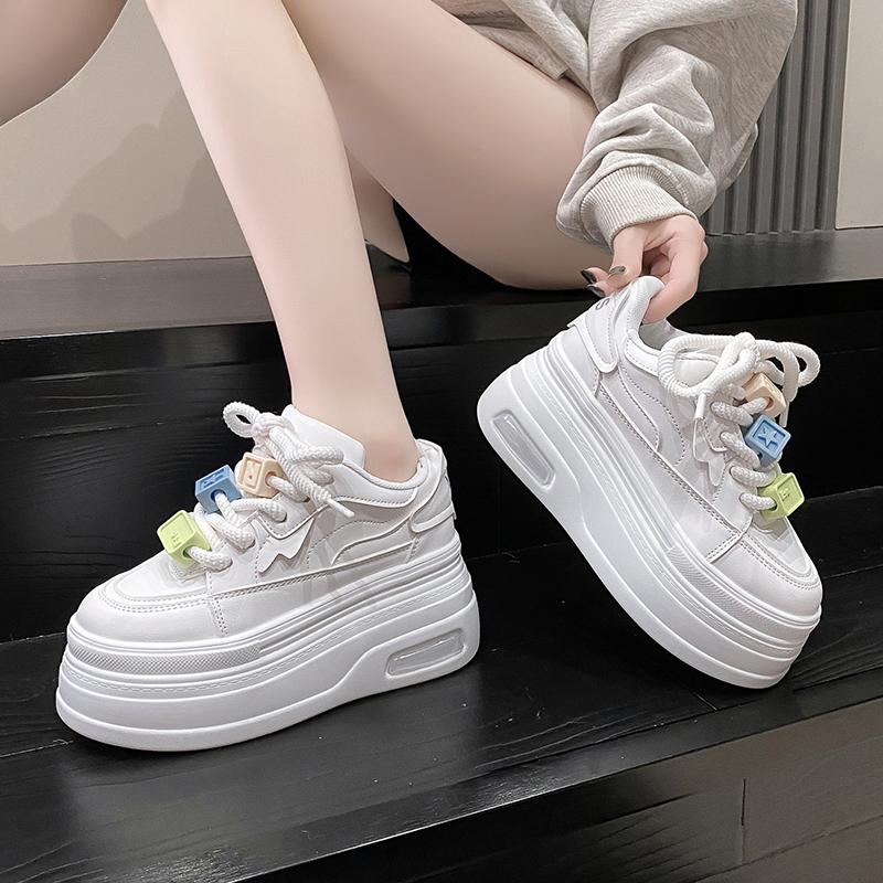 Fashion 8.5CM High Platform Shoes Women Autumn Chunky Sneakers Designer Kawaii Thick Sole Leather Sports Shoes Breathable Sneakers Woman