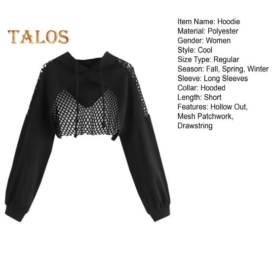Hoodir für Damen, aushöhlen, Mesh-Patchwor, mit Kapuze, lange Ärmel, Kordelzug in der Taille, einfarbig, Streetwear, Club-Party, kurzes Top