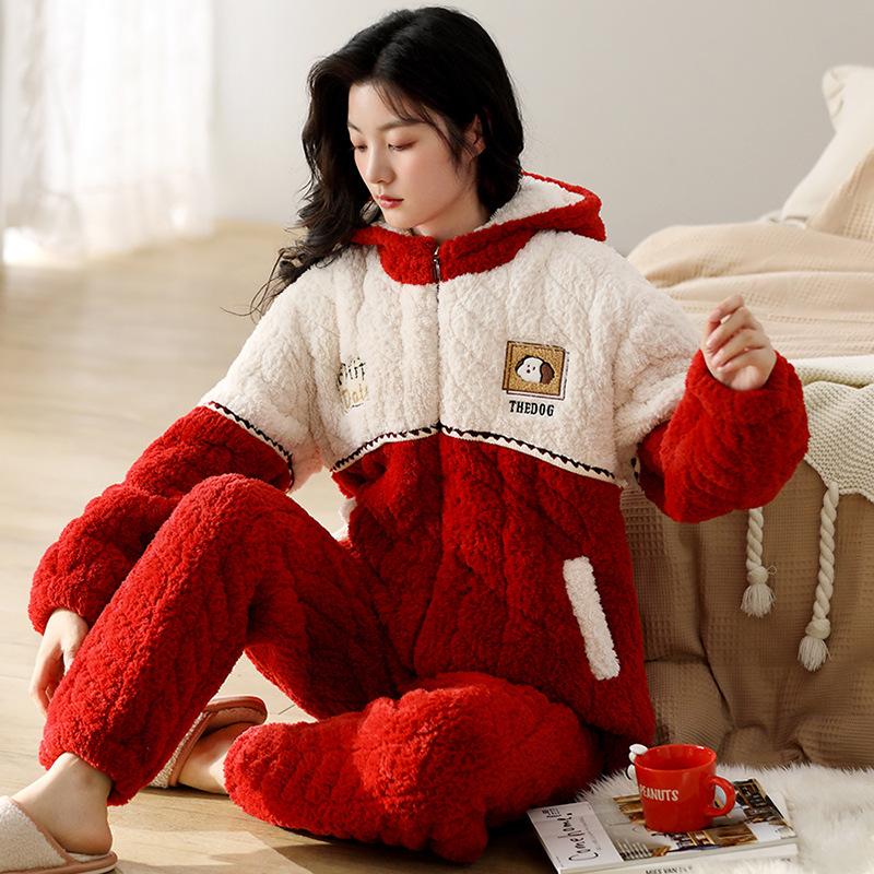 Coral Velvet Quilted Pajamas Women's Winter Three Layer Thick and Fleece Home Wear Women's Winter Flannel Thermal Set