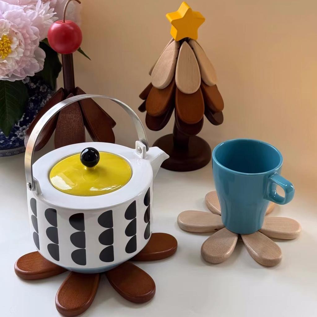 3pcs/set Christmas Tree Coaster Set Wooden Heat-Resistant Trivets Cup Mat with Stand Holder Festival Home Ornament Decoration