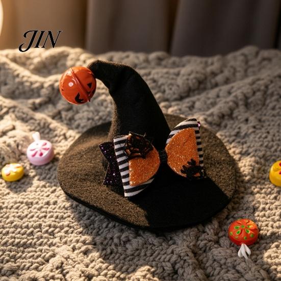 Elastic Strap Pet Hat Halloween Cat Wizard Hat, Bent Pointed with Pumpkin Bell, Small Dog Sequined Bow Festive for Cats Dogs