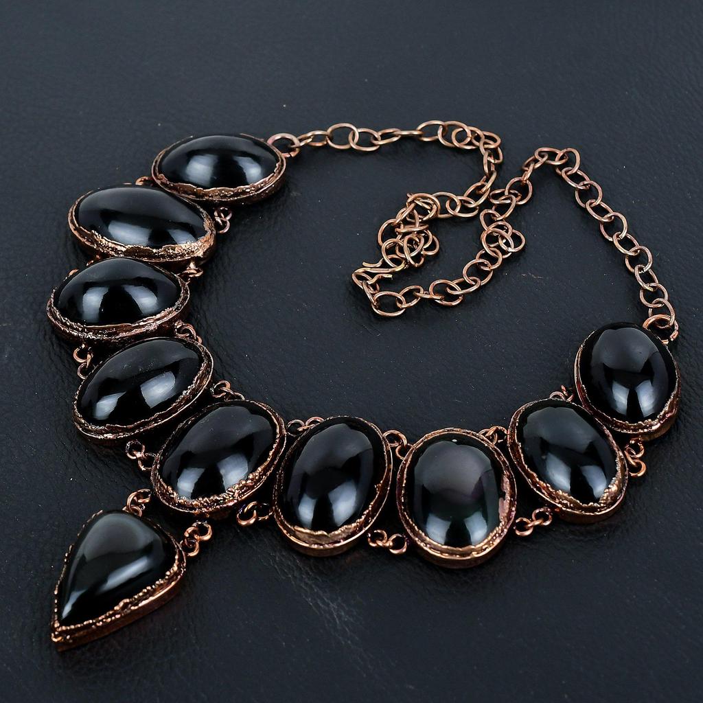 Black Obsidian Eye Gemstone Necklace, Copper Electroformed Handmade Designer Necklace Jewelry, Adjustable Chain Necklace Gift For Women