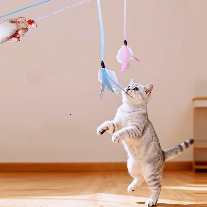 Cat Toys Feather Sticks Cat Toys Interactive Feather Toy for Cats Teasing Long Handle Stick Cats Toy with Bell Pet Supplies