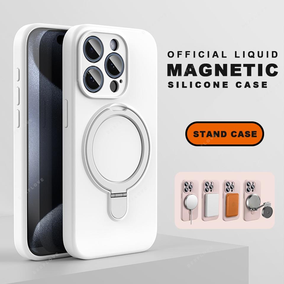 Magnetic Ring Holder Liduid Silicone Stand Phone Case For iPhone 15 14 16 Plus 11 12 13 16 Pro Max Magsafe Protector Soft Cover