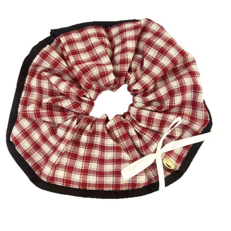 Elegant French Plaid Lace Bow Hair Scarf with Elastic Band