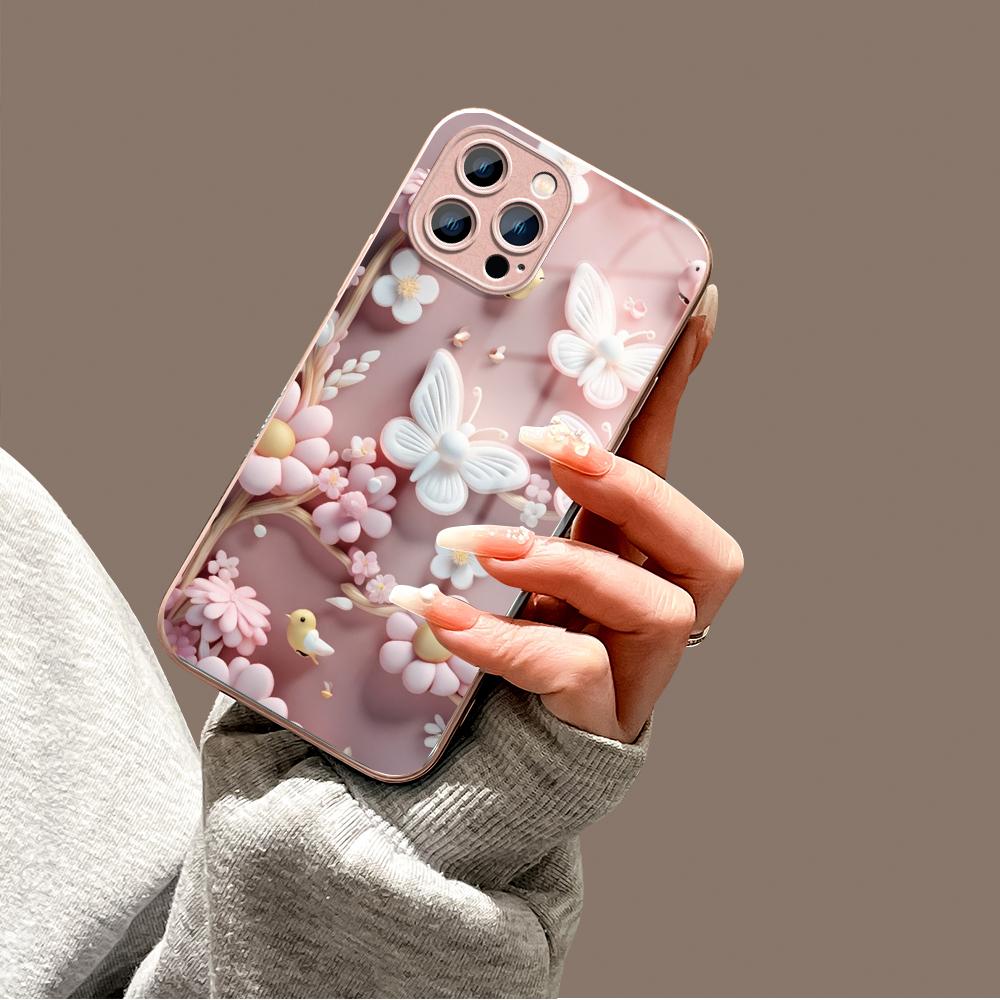 Pearl Pink Flower Phone Case Metallic Lacquer Tempered Glass Shockproof Cover for iPhone Samsung Huawei Honor Xiaomi Redmi OPPO Realme OnePlus Vivo