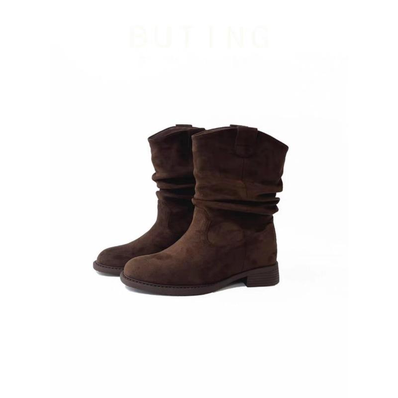 Retro Western Cowboy Boots Women's Spring and Autumn New Neckline Skinny Set Boots Pleated Pile Martin Boots