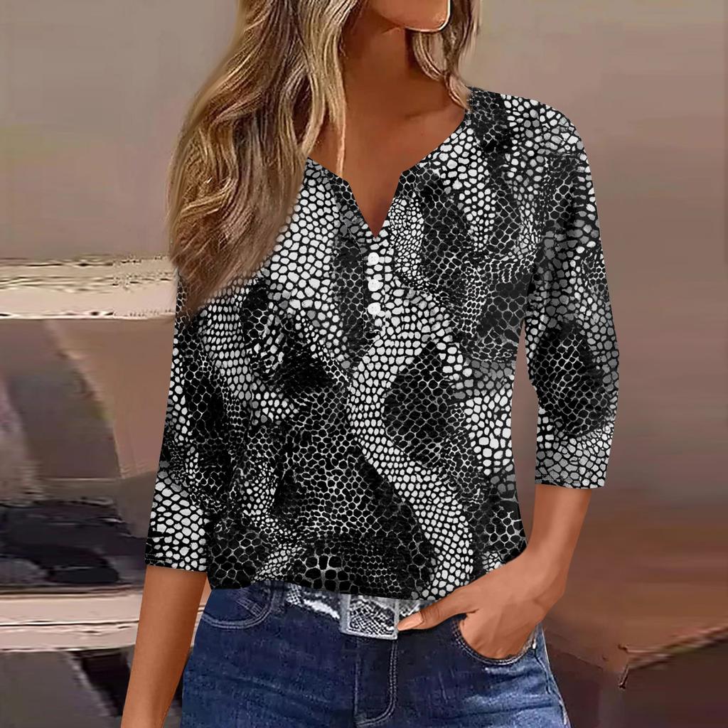 Women's T Shirt Tee Print Button  3/4 SleeveDaily Weekend Fashion Basic V- Neck Regular Top