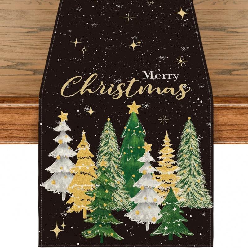 Festive Snowman Christmas Tree Table Runner Home Kitchen Dining Tablecloth for Party Decoration