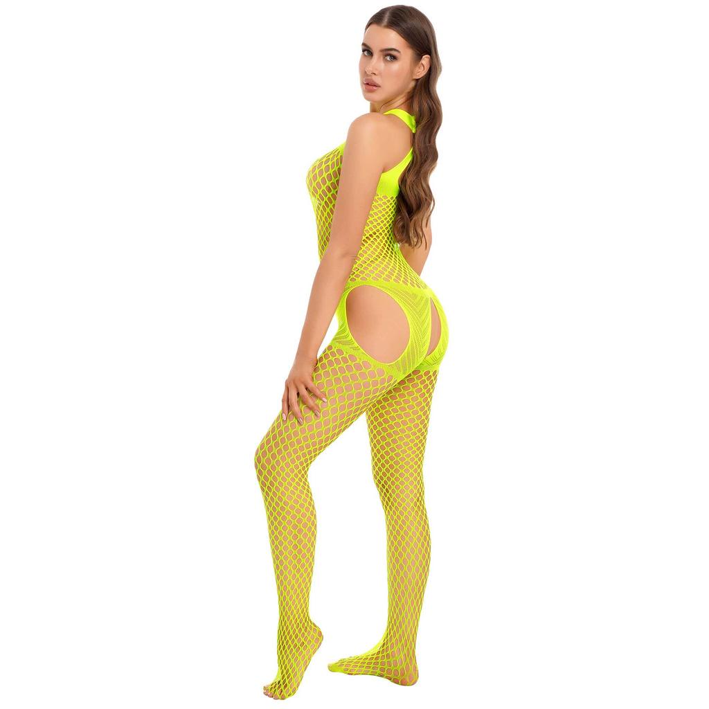 Bodystocking a rete da donna con design traforato, scollo all'americana incrociato e top da discoteca