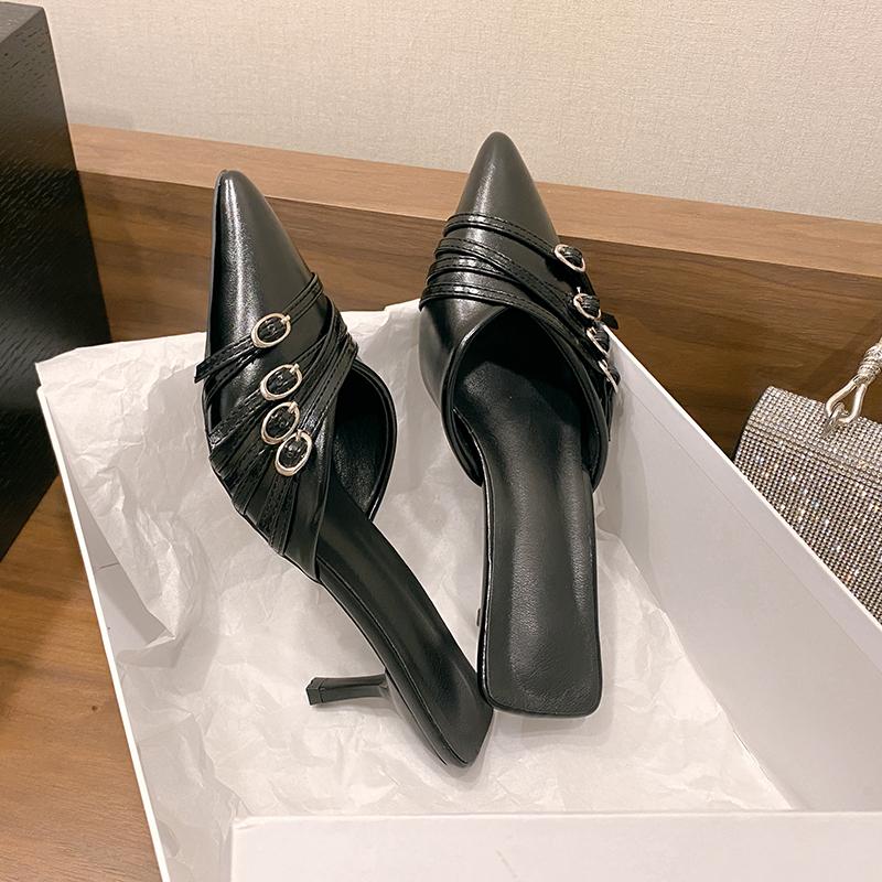 Fashion New Heels Pumps Slippers For Ladies 2024 Luxury Shoes Female Fashion Buckle Pointed Toe Heeled Women Mules Slides Sandals
