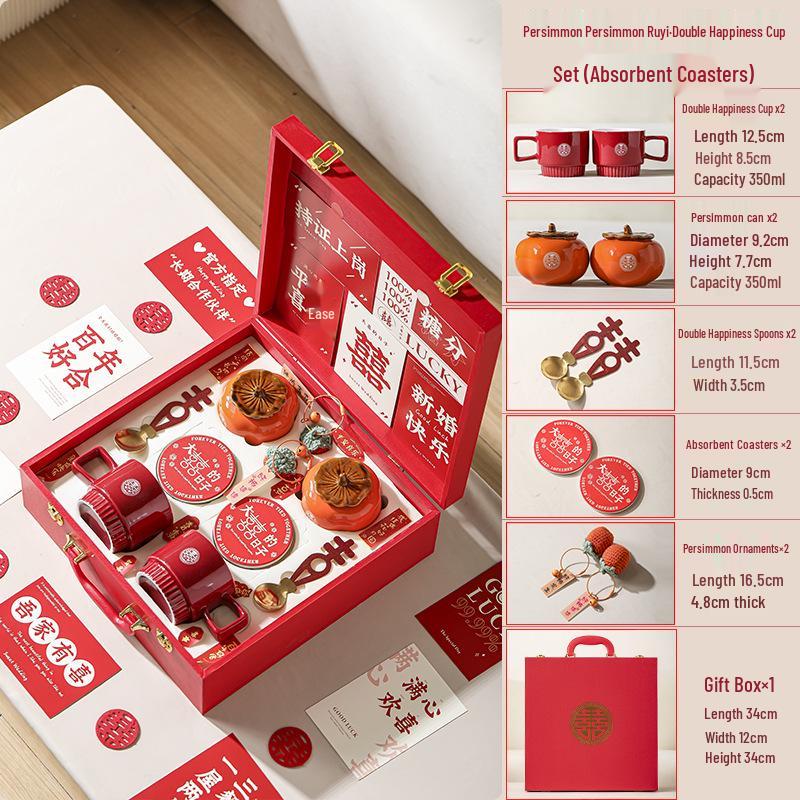 Persimmon Ruyi Wedding Gift Set: Double Happiness Cups for Newlyweds or Bestie's Engagement