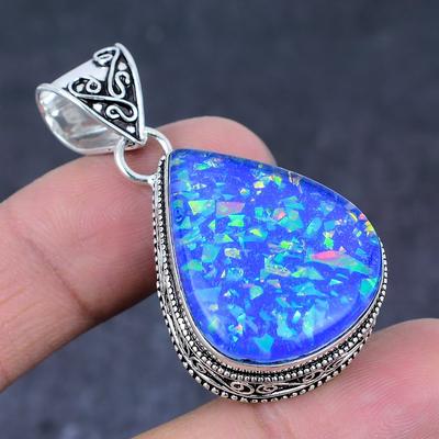 Pingente de prata esterlina 925 feito à mão com opala tripla azul natural 1,85" Q1C38