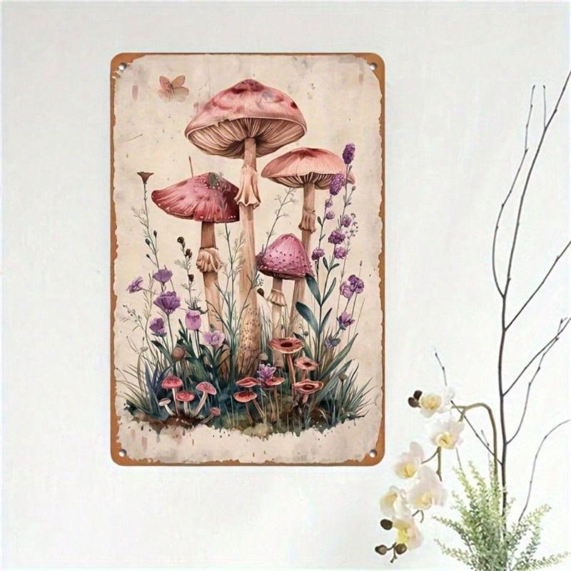 Vintage Mushroom Pink Purple Print Metal Poster Wall Art Kitchen Decor