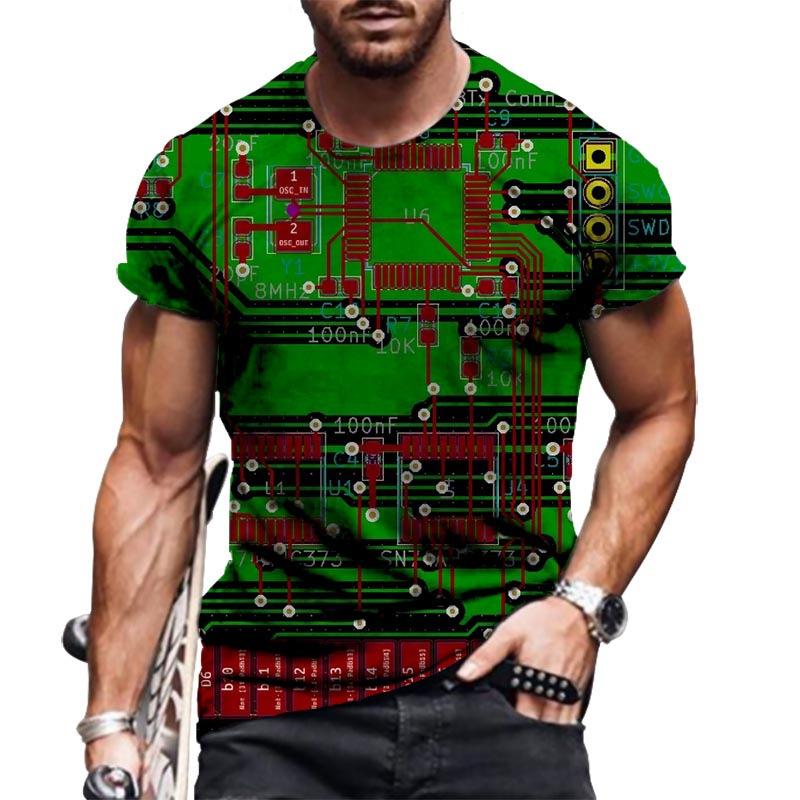 Summer Round Neck 3D Circuit Board Print T-shirts Fashionable Casual Short Sleeved Men's T-shirts