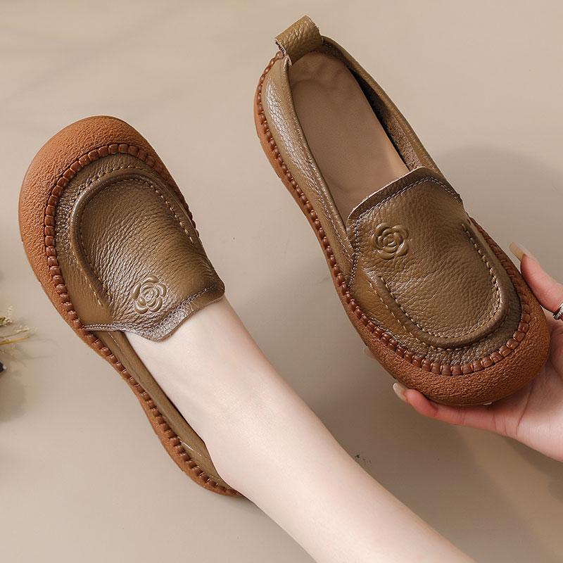 Dámské retro mokasíny z pravé kůže s kulatou špičkou, protiskluzové baleríny, měkké každodenní pracovní a volnočasové vycházkové boty, boty pro matku