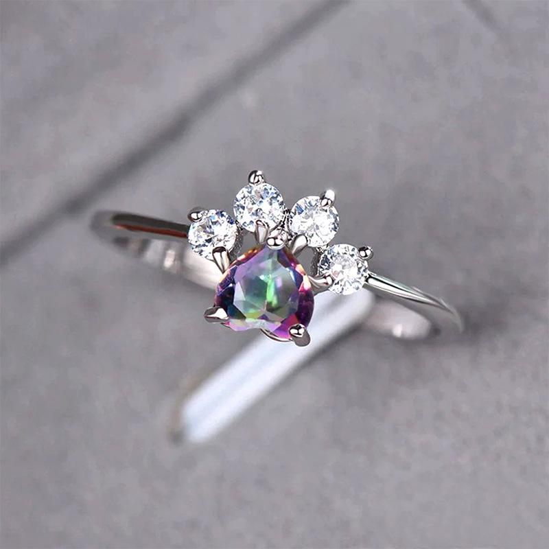 Cute Silver Color Cat Claw Zircon Ring Ladies Adjustable Ring for Ladies Party Birthday Female Rings with Colorful Love Cz