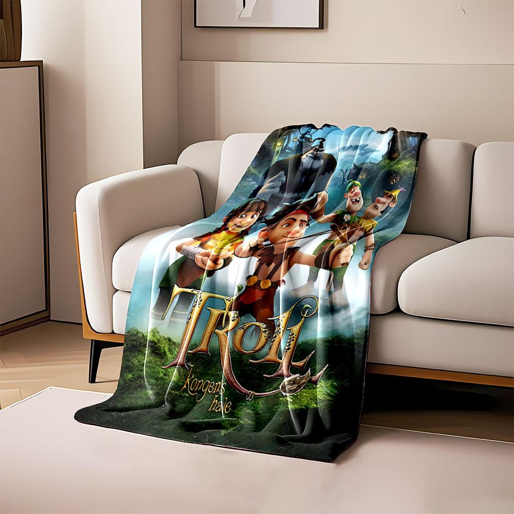 

Animated troll characters in a magical forest with glowing tree homes. for all seasons blanket lunch break throw gift 80cm x 120cm