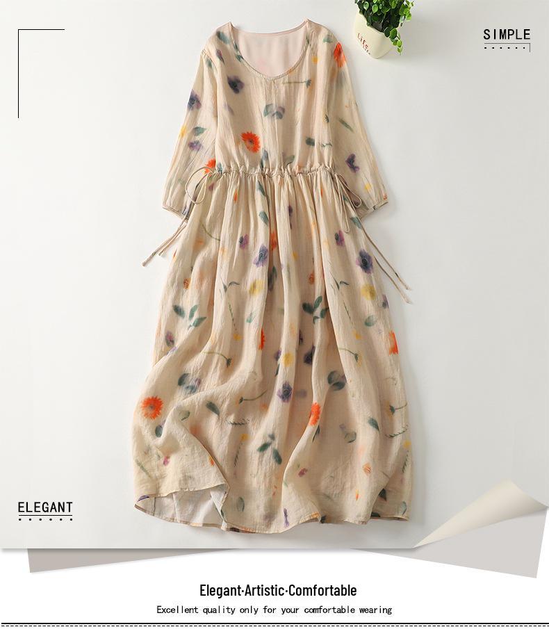 Rochie Midi Imprimată cu Decolteu în V din Bumbac și In - Stil Casual, Larg și Subțietor, Colecția Primăvară/Vară 2025