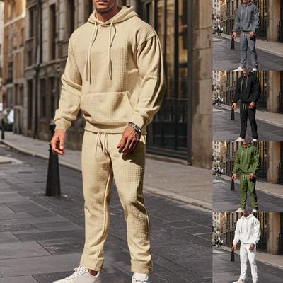 Men's Solid-color Casual Checkered Long-sleeved Hooded Sweatshirt And Long Pants Set
