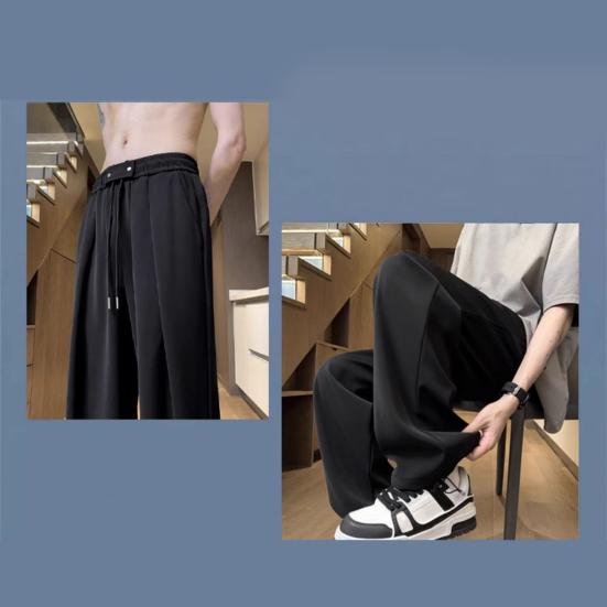 Men Pants Drawstring Waist Casual Trousers Solid Color Regular Style Long Pants with Reinforced Pockets Daily Wear