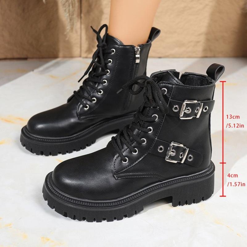 New Boots, Round Toe Thick Heel British Style Small Leather Boots, Metal Buckle Knight Women's Boots