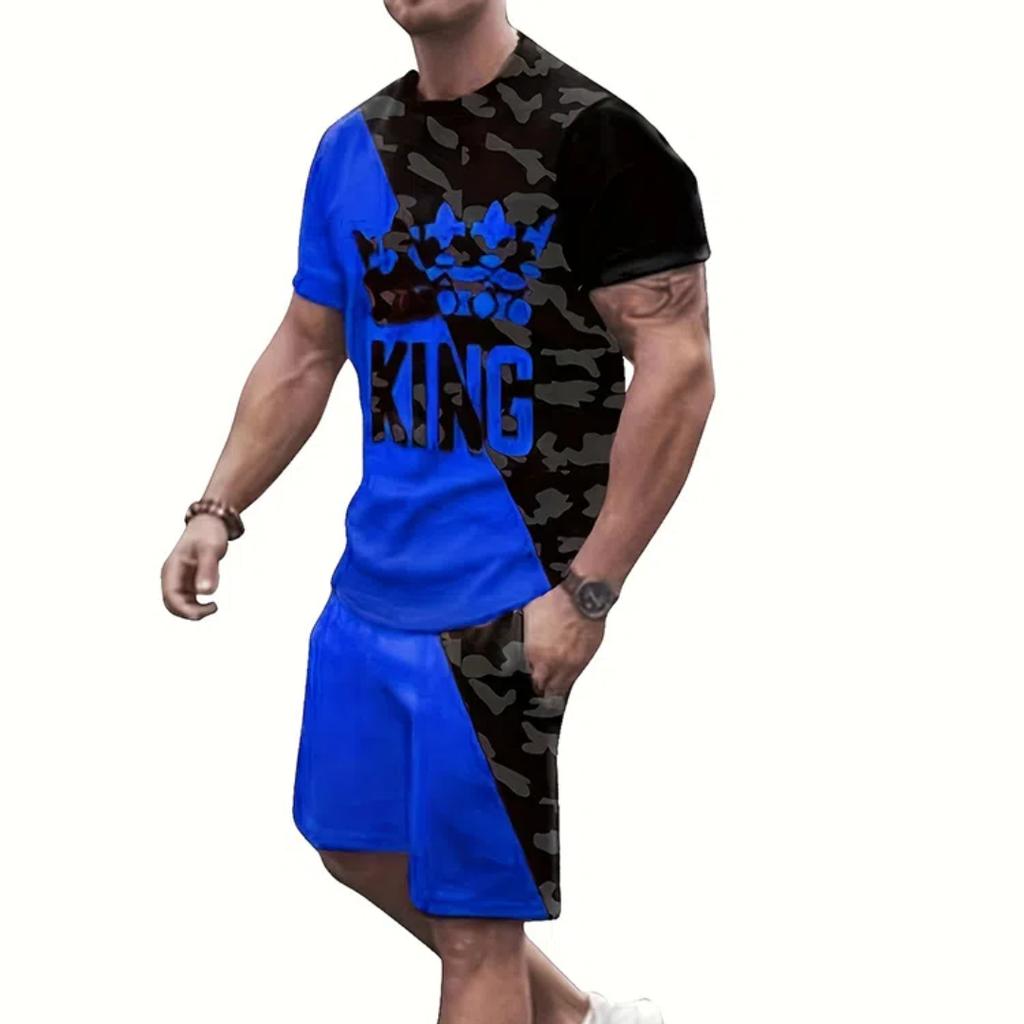 Herr Sommar Casual Kortärmad och Shorts Set Krona Grafik och 'king' Bokstavstryck T-shirt och Casual Snörshorts Set