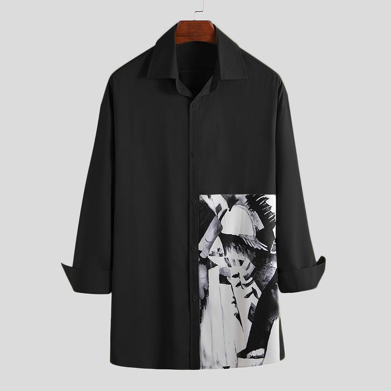 INCERUN Japanese and Korean Style Oversized Men Hip Hop Printed Shirts Casual Lapel Collar Long Sleeve Blouse Loose T-shirt