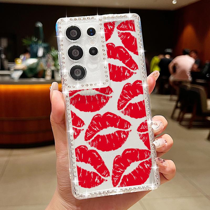 Diamond Frame Lips Print Soft Silicone Case For Samsung S25 Edge S24 FE S23 Ultra S22 A16 A56 A36 A15 A55 A35 Clear Shockproof Phone Cover