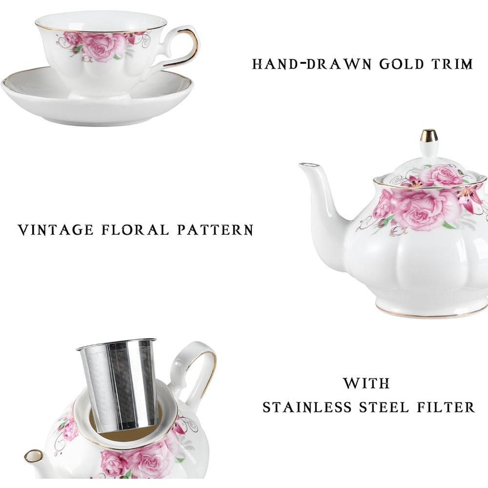 Vintage Floral Embossed Gold Teapot Cup and Saucer Set, Tea Service for 6 People, Including Teapot, Sugar Bowl, Milk Jug