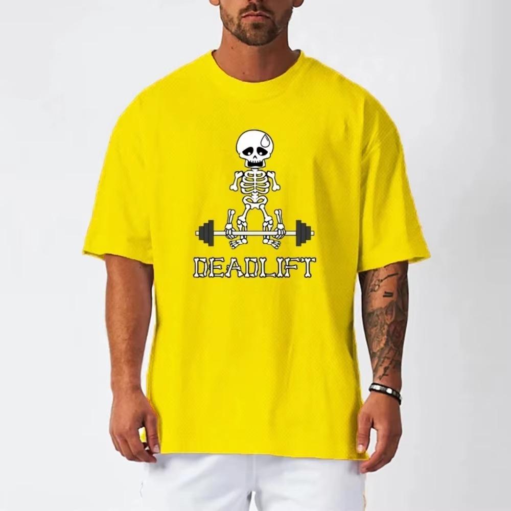 Human Skeleton Deadlift Barbell Gym Clothing Men Fitness Oversized Loose T-Shirt Mesh Quick Dry Short Sleeved Bodybuilding Shirt