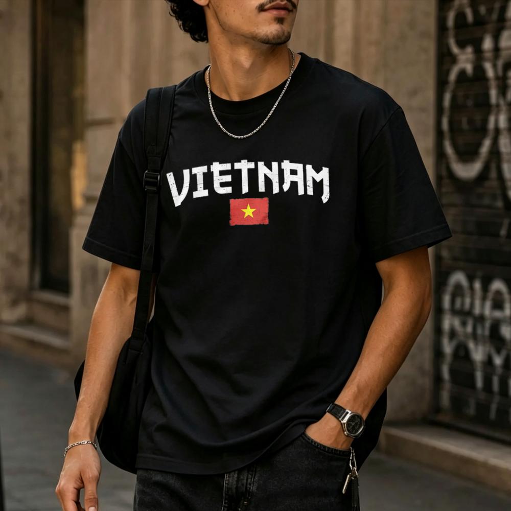 Vietnam National Red Star Flag Retro Distressed Print Men Cotton T Shirt Vietnamese Pride Casua