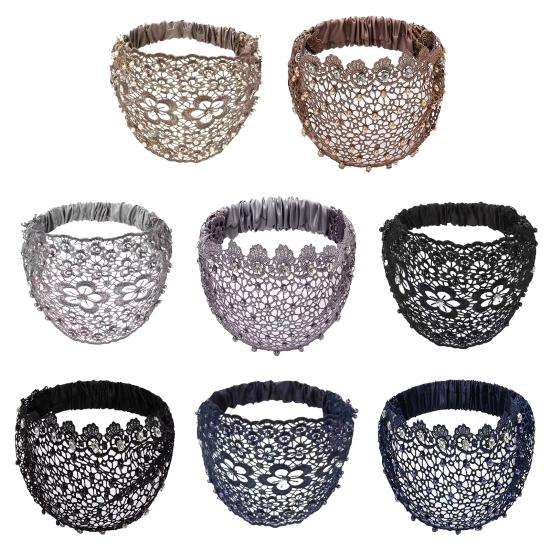 Krajková čelenka zdobená umělými perlami Dámská vysoce elastická široká vlasová gumička s designem pětilisté květiny Vlasové doplňky