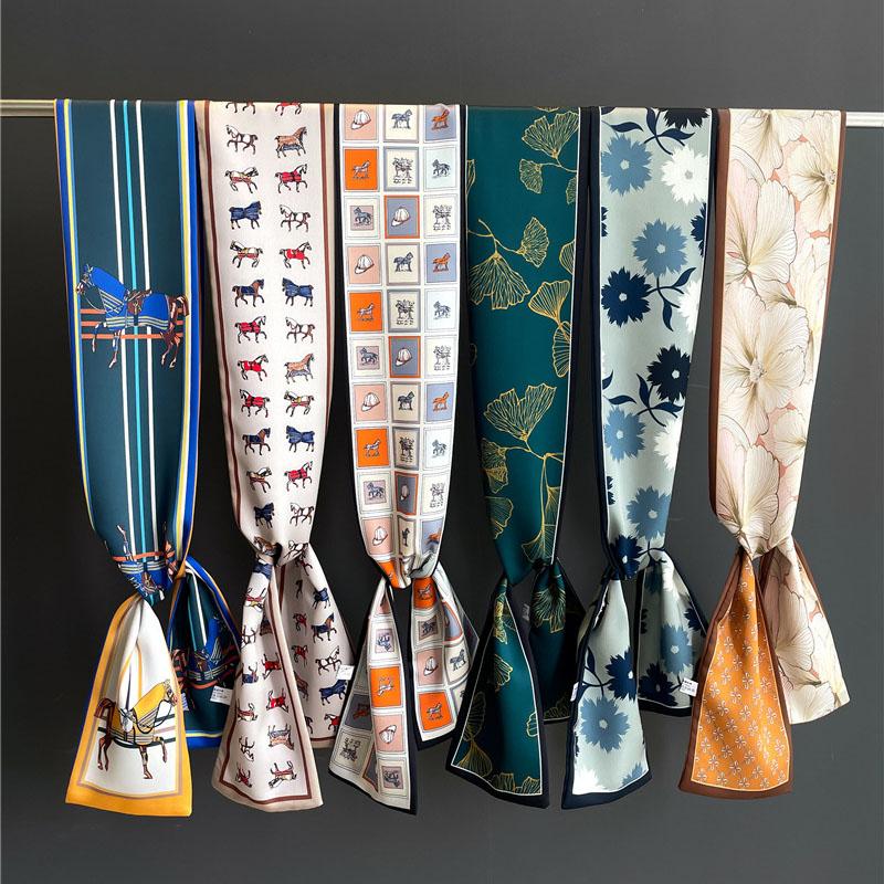 New 145*12cm Women Fashion Silk Scarf Headwrap Hair Scarve Femme Headscarf Tie Neck Bag Luxury Brand Ribbon Hair Band Hijab