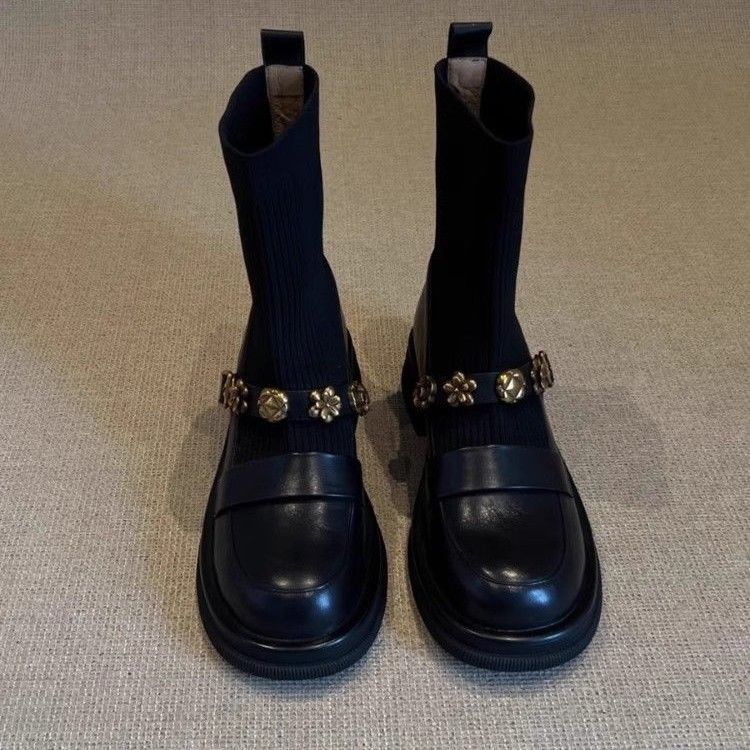 Thick-soled metal buckle elastic short boots autumn and winter retro college style knitted thin boots women's versatile socks boots