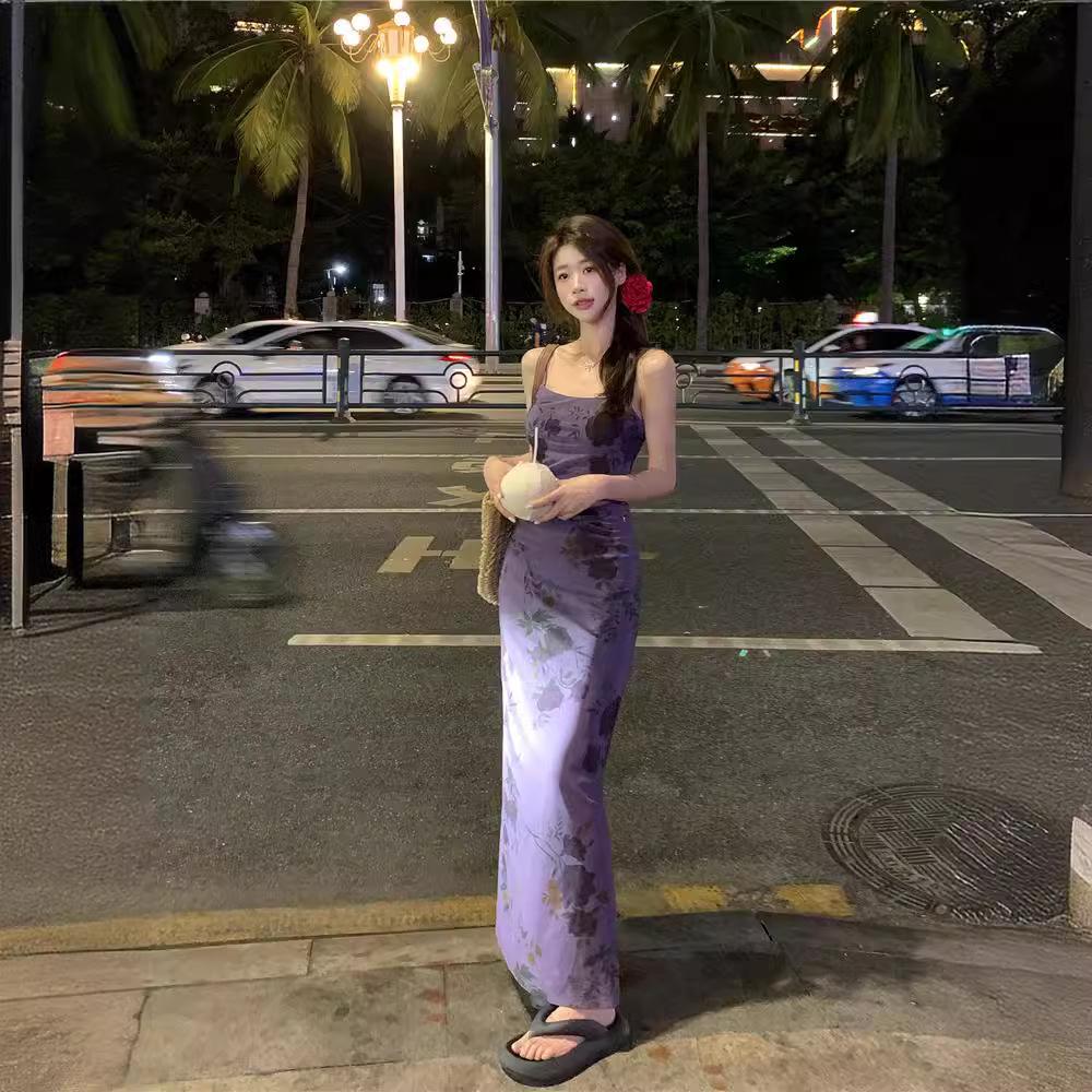 French Purple Floral Spaghetti Strap Dress - Women's Summer 2024 Waist-Hugging Long Tea Dress