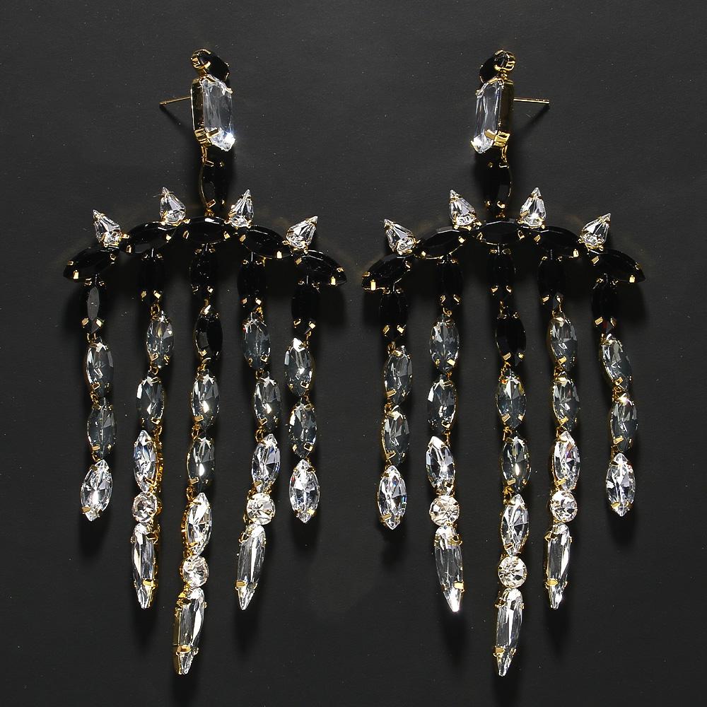 Stonefans Exaggerated Black Long Tassel Earrings Wedding Accessories  Fashion Design Rhinestone Hanging Earrings for Women